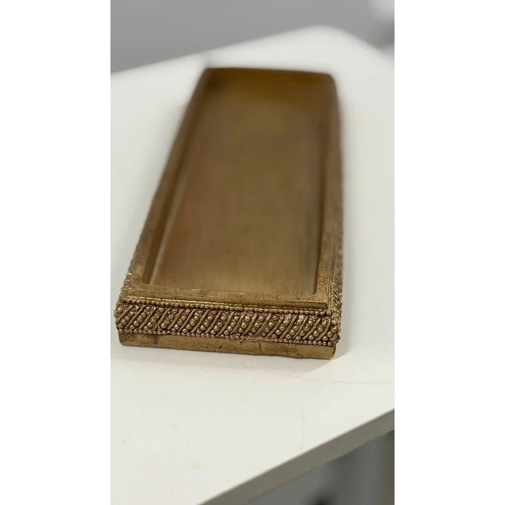 Antique Gold Rectangular Vanity Tray Beaded Texture Decorative Jewelry Dish